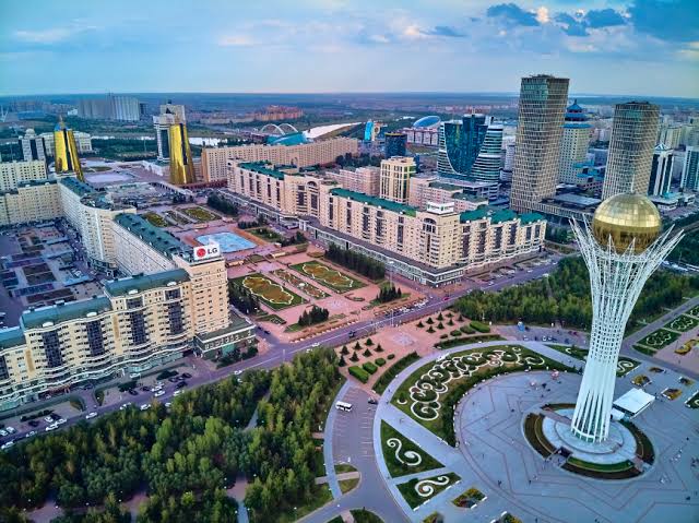 Aerial view of central Astana with the Baiterek tower